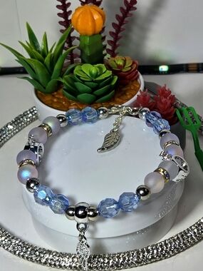 Iridescent Blue Aurora Crystal Glass Beaded Angel Wing Bracelet - Women Jewelry